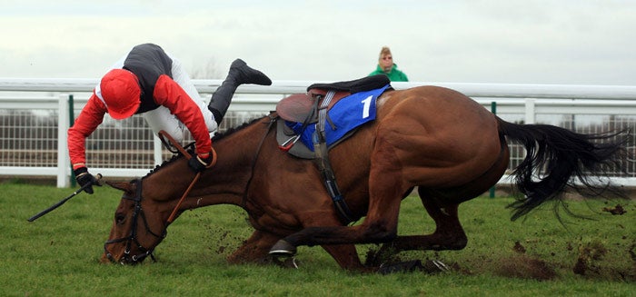 Jay Pemberton is thrown from Nomcheki at the final flight of the conditional riders' hurdle at Sandown