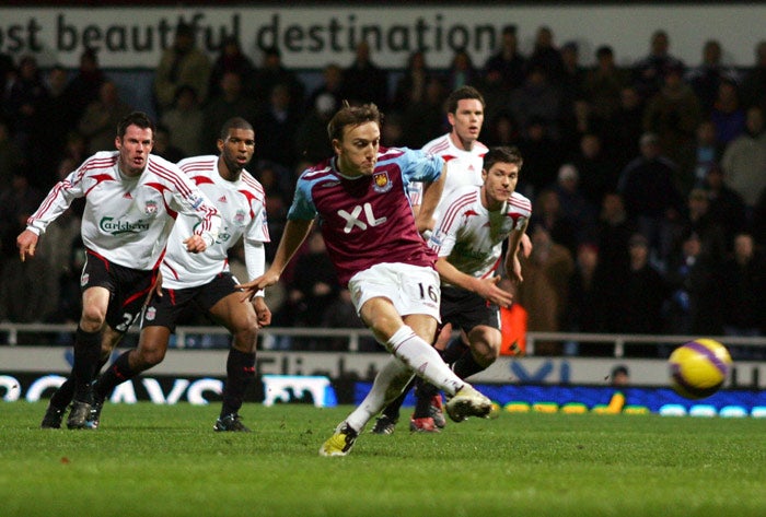 West Ham's Mark Noble scores the winning penalty in the 1-0 win over Liverpool at Upton Park, a result the Reds will be hoping to avenge at Anfield tonight