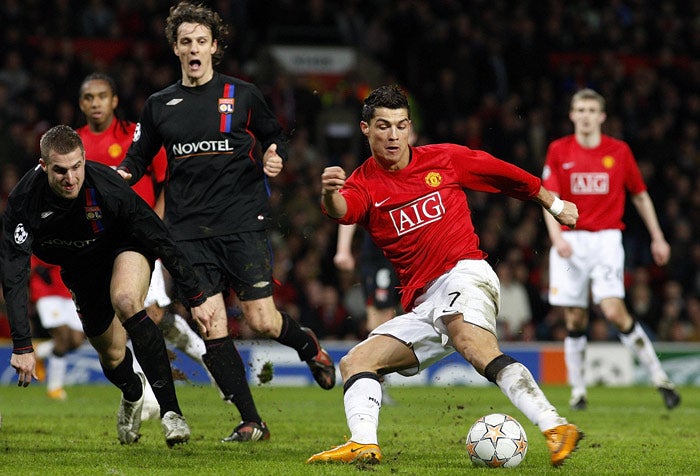 Cristiano Ronaldo scores against Lyons at Old Trafford