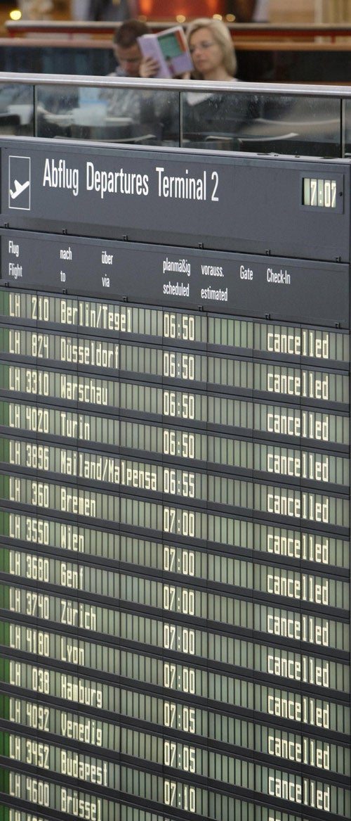 The schedule screen at Munich airport shows the effects of the strike