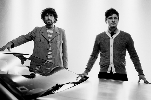 Boys and the hood: Gruff Rhys (left) and Boom Bip with the inspirational DeLorean DMC-12 [KALUS THYMANN]