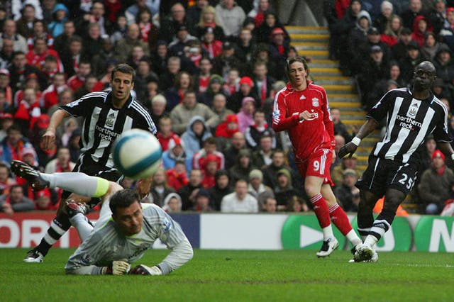 Liverpool striker Fernando Torres fires home during the 3-0 victory over Newcastle at Anfield