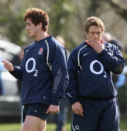 The Wasps fly-half Danny Cipriani (left) makes a point during an England training session at Bath University yesterday while Jonny Wilkinson, the man replaced at No 10, ponders an uncertain future