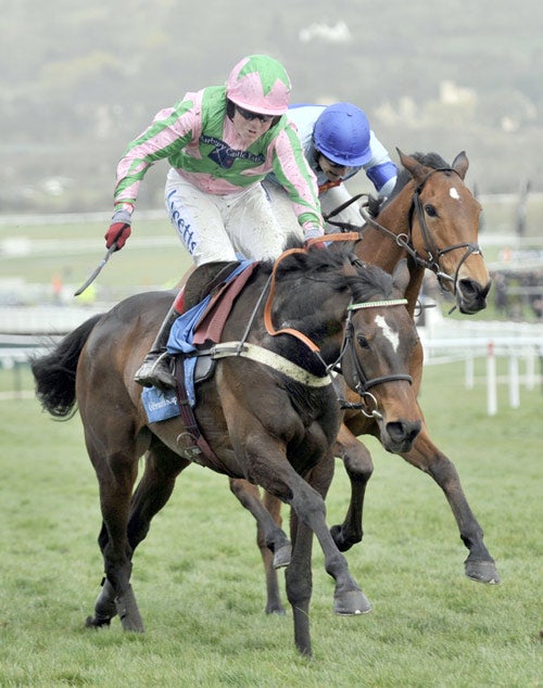 Robert Thornton and Katchit edge ahead of Tom Scudamore and Osana as they head for victory in the Champion Hurdle