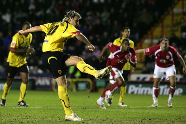 Watford's Darius Henderson takes the penalty which was saved by Adriano Basso, of Bristol City, in last night's 0-0 draw at Ashton Gate