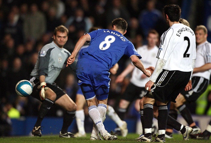 Lampard scores the second of his four goals against Derby County at Stamford Bridge last night