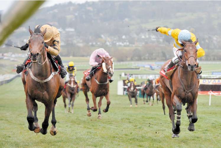 Inglis Drever and Denis O'Regan (left) charge up the Prestbury Park run-in to defeat Kasbah Bliss for a third victory in the Ladbrokes World Hurdle yesterday
