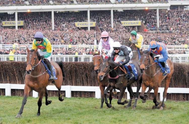 Ruby Walsh and Master Minded (left) pass the stands during the early stages of yesterday's Queen Mother Champion Chase