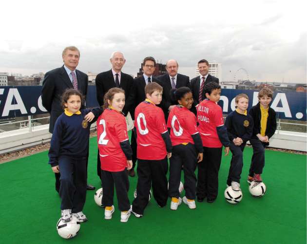 From left: Sir Trevor Brooking, the FA's director of football development; LordTriesman, the FA chairman; Fabio Capello; Brian Barwick; and Paul Thorogood, the chief executive of the Football Foundation, at yesterday's grass-roots investment launch in Lon