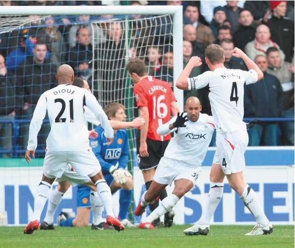 The striker Nicolas Anelka (second right), who has since joined Chelsea, wheels away after scoring Bolton's winner against Manchester United at the Reebok