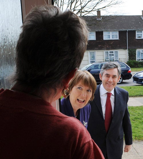 Gordon Brown and Harriet Harman, Labour's deputy leader, campaigning in Stevenage yesterday