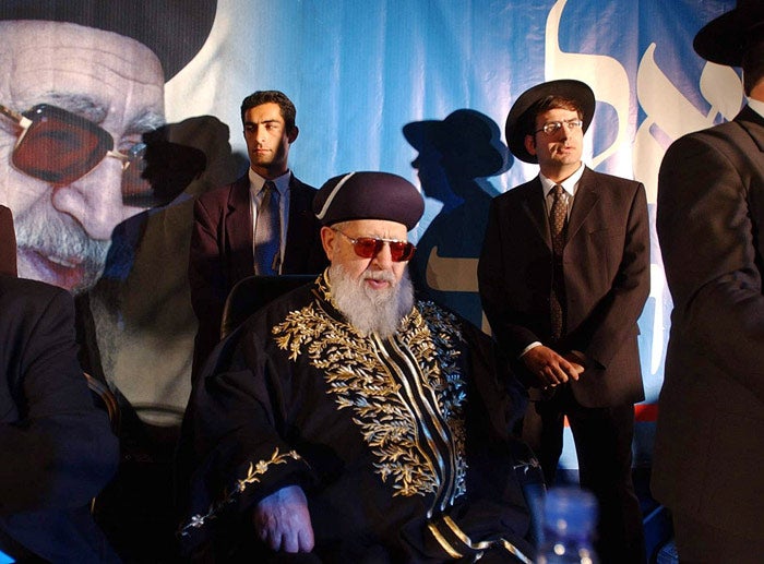 Rabbi Obadia Yosef with members of his staff during a rally of the ultra-orthodox Shas party in Jerusalem