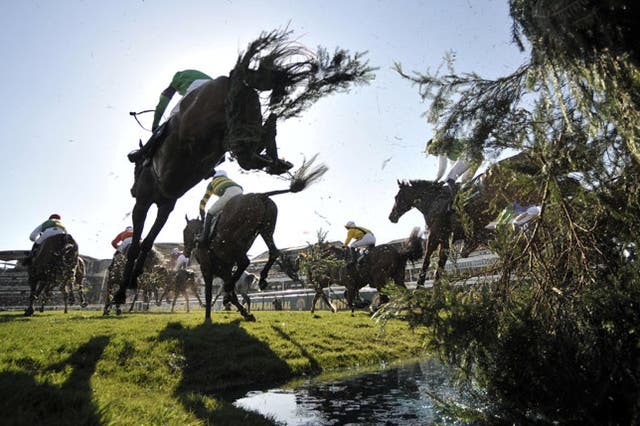 Mon Mome (green silks, foreground) takes the water jump in front of the packed Aintree grandstands