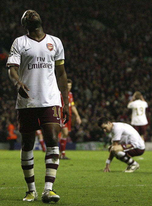 Gallas reacts as Liverpool are awarded a penalty at Anfield on Tuesday night