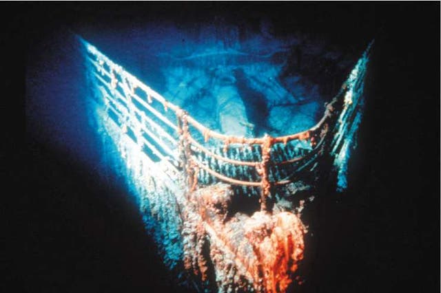 The bow of the Titanic at rest on the bottom of the North Atlantic, about 400 miles southeast of Newfoundland