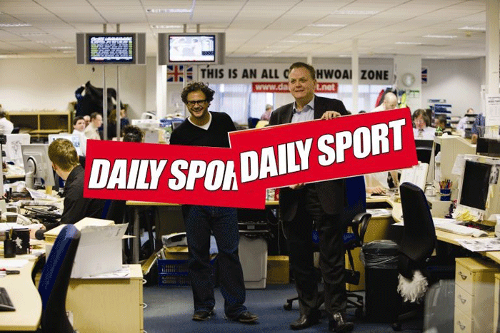 Bloke tales: Relaunch consultant James Brown (left) and editor Barry McIheney lark about in the Sport’s newsroom