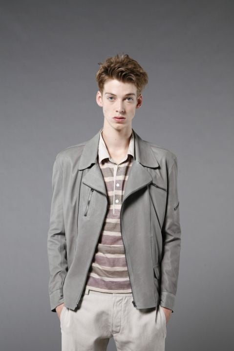 Leather jacket, £799, and rugby T-shirt, £159, both by Nicole Farhi, menalamode.com
