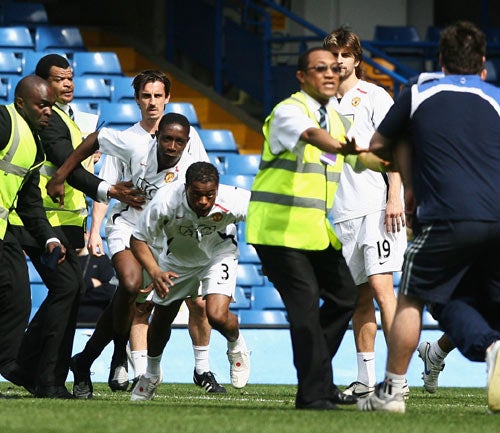 Evra (No 3) during the scuffle with the Chelsea groundsman, Sam Bethell, at Stamford Bridge in April