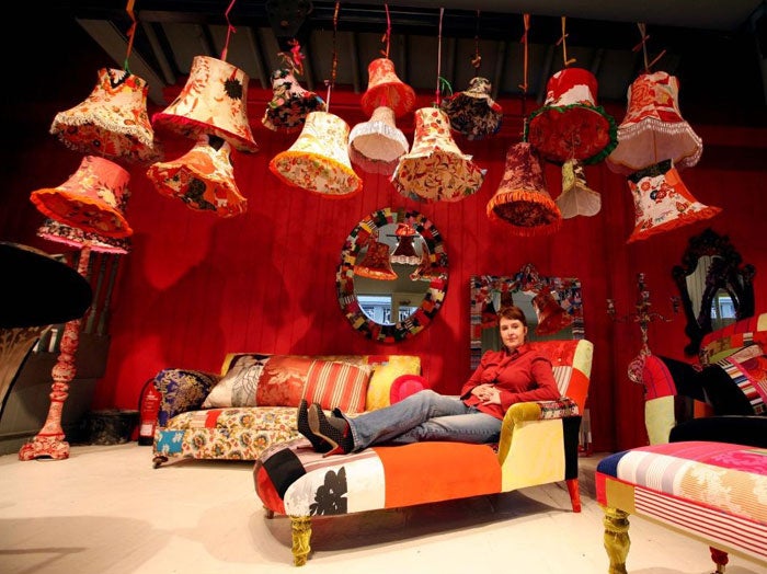 Lisa Whatmough set up Squint three years ago to make bespoke armchairs and sofas, upholstered in vivid collages of antique silks sourced from all over the world © David Sandison