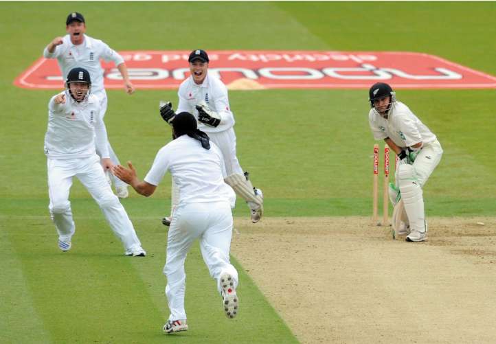 New Zealand's Brendon McCullum struggles to come to terms with being bowled by Monty Panesar at Lord's