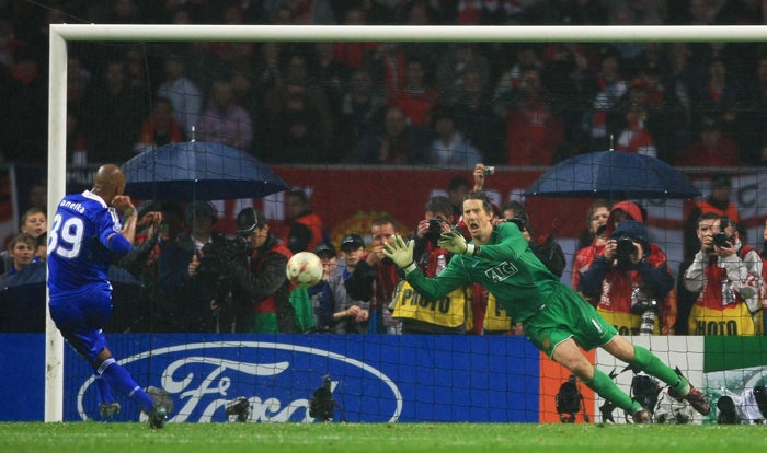 Nicolas Anelka's penalty is saved by Edwin van der Sar to hand the European Cup to Manchester United