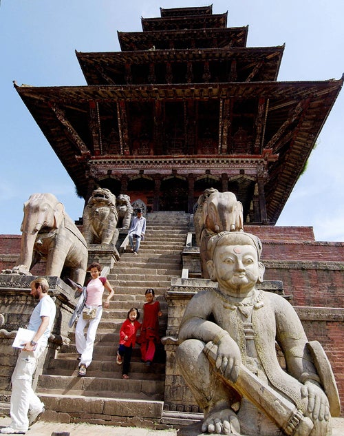 The Nepalese are mostly Hindu, and statues of the Hindu gods covered with colourful offerings are to be found everywhere