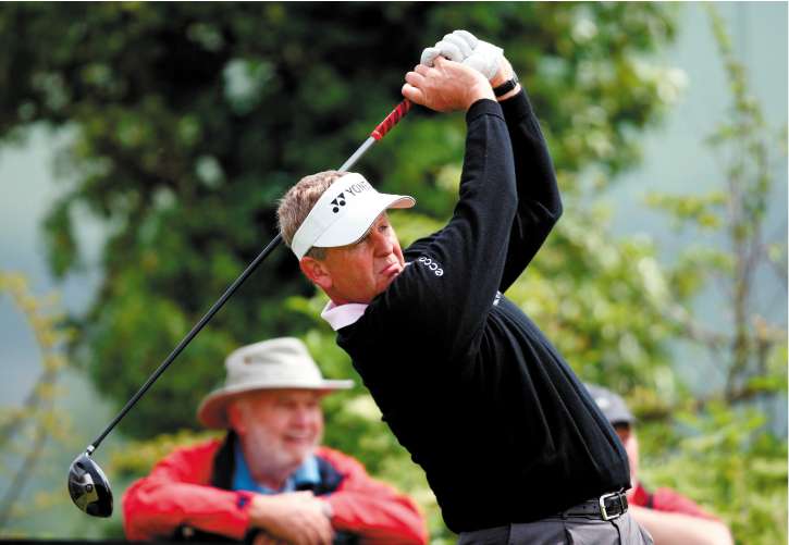 Colin Montgomerie drives during his opening round 69 in the Welsh Open at Celtic Manor yesterday