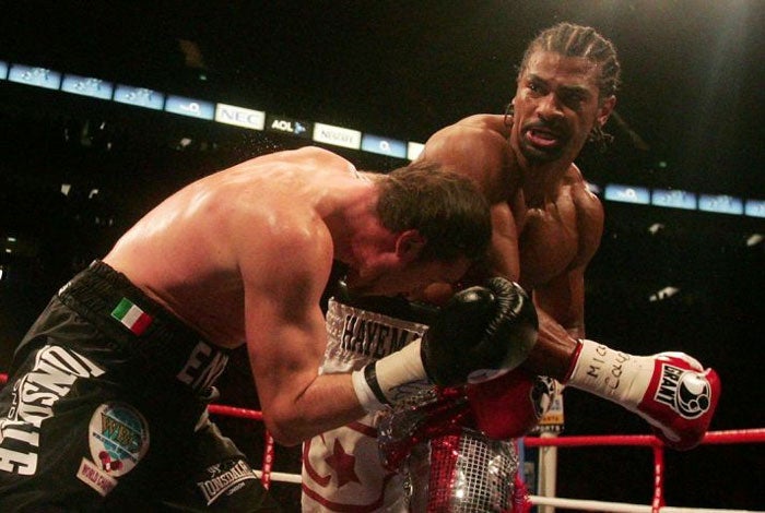 Cruising for a bruising: David Haye catches Enzo Maccarinelli on the way to unifying the world cruiserweight title in London in March © AFP/Getty Images