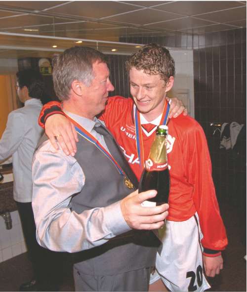 Solskjaer celebrates with Alex Ferguson after scoring the winner in the 1999 European Cup final