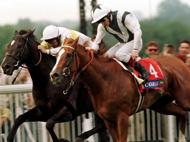 Bosra Sham and Kieren Fallon (right) get in a tangle in the 1997 Eclipse Stakes won by Pilsudski