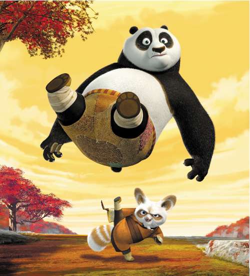 The giant panda Po, voiced by Jack Black, and Master Shifu, voiced by Dustin Hoffman, in Kung Fu Panda