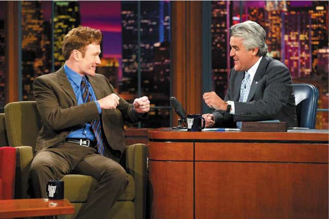 Tonight Show host Conan O'Brien (left) is angry that his programme will be aired at a later time to accommodate the rival show of his predecessor, Jay Leno (right)