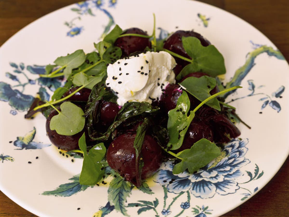 Beetroot and sorrel salad with yoghurt and nigella seeds The