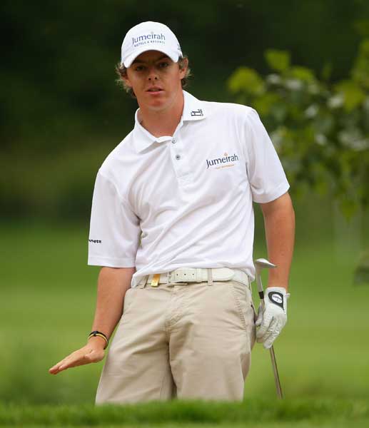 Rory McIlroy tries to stop his ball by remote control at the Irish Open in May