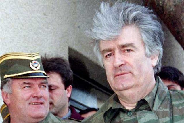 Bosnian Serb wartime leader Radovan Karadzic (right) and his general Ratko Mladic are seen on Mountain Vlasic in April 1995 