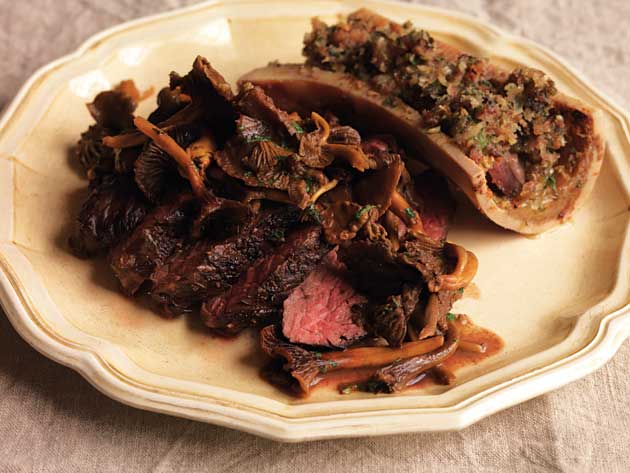 To serve, cut each steak into slices and arrange on warm plates with the stuffed bone marrow alongside