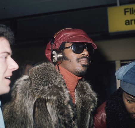 Soul funk superstar singer, songwriter and multi-instrumentalist Stevie Wonder at London airport in 1974