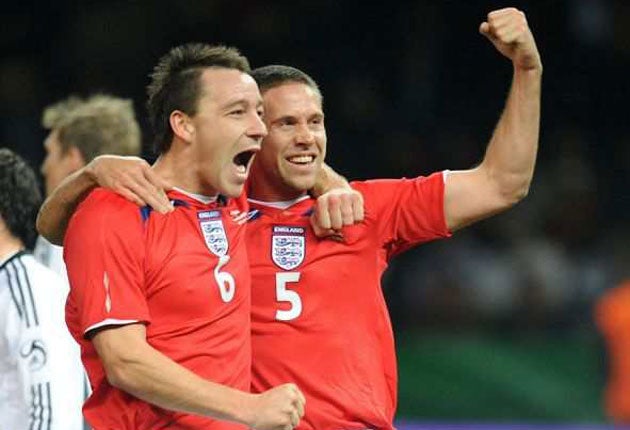 John Terry (left) celebrates the goal by Matthew Upson (rejected by Arsenal in favour of Pascal Cygan), one of several players who grabbed their opportunities in Wednesday night's victory in Germany