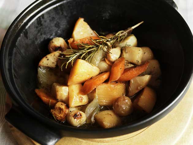 This casserole is a great vegetarian dish on its own, or simply serve as a wintry pot of vegetables in the middle of the table with a roast