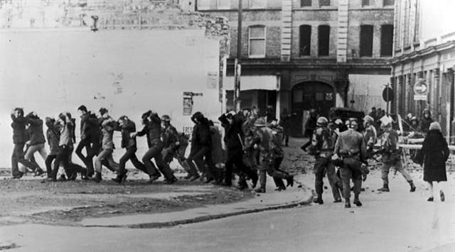 <p>Soldiers round up civil rights protesters in Derry on Bloody Sunday, 30 January 1972, after British paratroopers opened fire on the demonstrators</p>