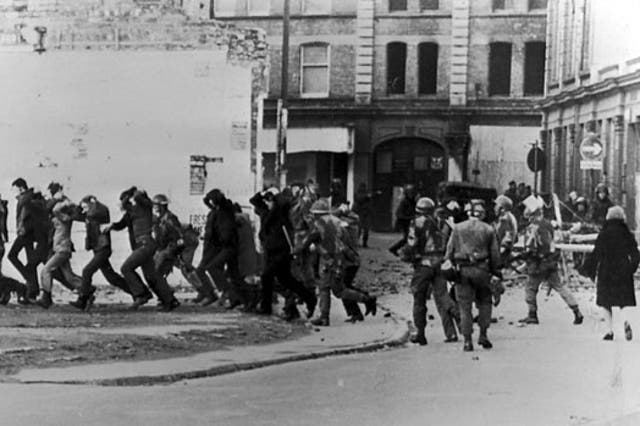 <p>Soldiers round up civil rights protesters in Derry on Bloody Sunday, 30 January 1972, after British paratroopers opened fire on the demonstrators</p>