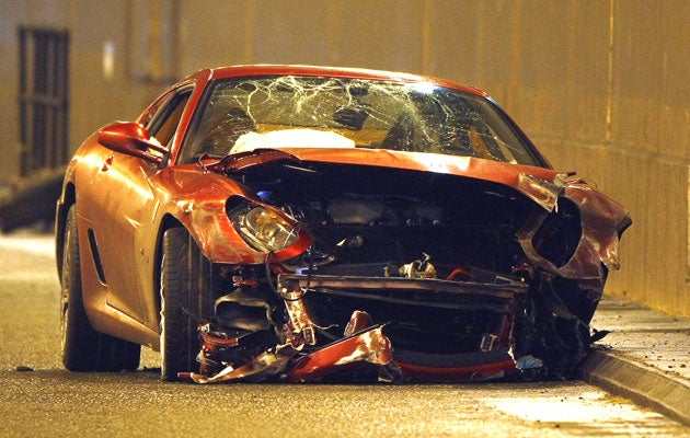 The wreckage of Ronaldo's Ferrari 599 in a Manchester tunnel last week