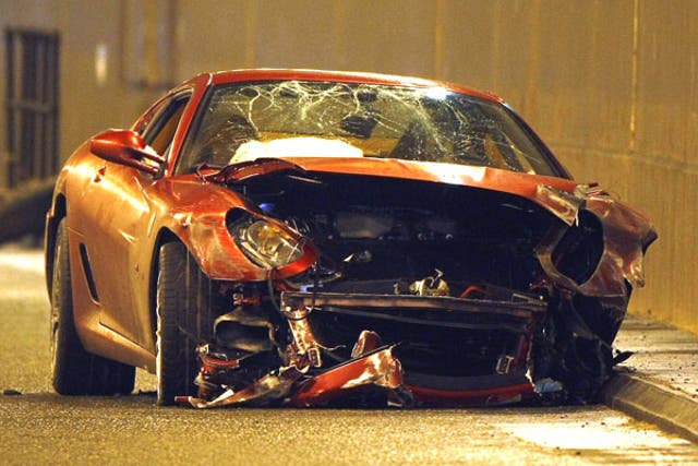 The wreckage of Ronaldo's Ferrari 599 in a Manchester tunnel last week