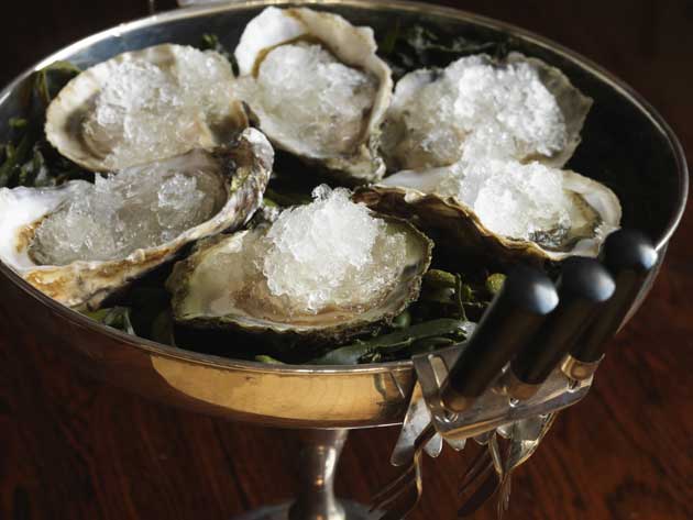place the seaweed on a serving dish with the oysters on top, then spoon a couple of teaspoons of the champagne sherbet on to each oyster