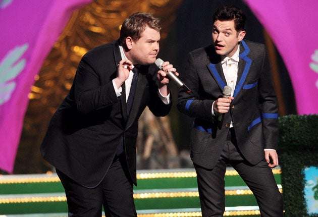 James Corden and Matthew Horne perform at the Brit Awards 2009