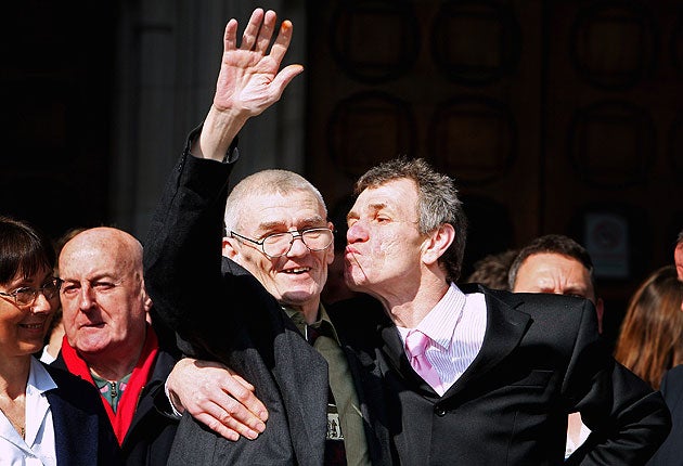 Sean Hodgson (left), one of the longest-serving victims of a miscarriage of justice, stands with his brother Peter Hodgson on the steps of the High Court last week