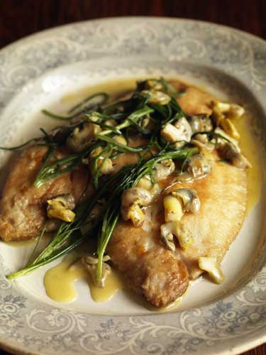 Serve the dabs on warmed plates with the whelks and monk's beard spooned over