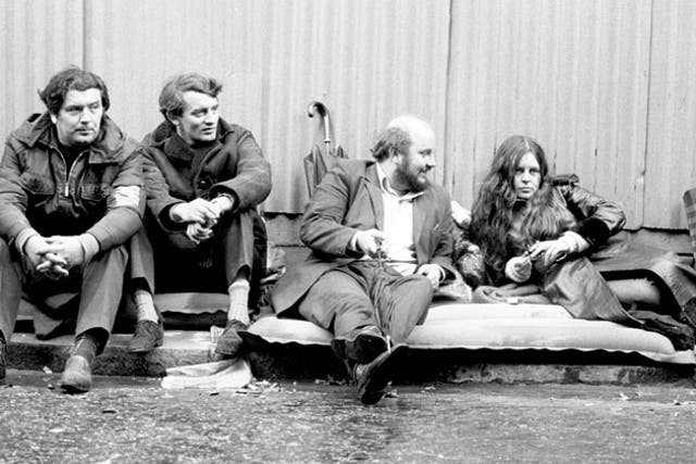 <p>Left to right: John Hume, Austin Currie, O'Hanlon and Bernadette Devlin during a 48-hour sit-in and hunger strike outside Downing Street in October 1971</p>