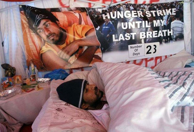 An April 2009 picture of Parameswaran Subramaniyan on the 23rd day of hishunger strike in Parliament Square, London
