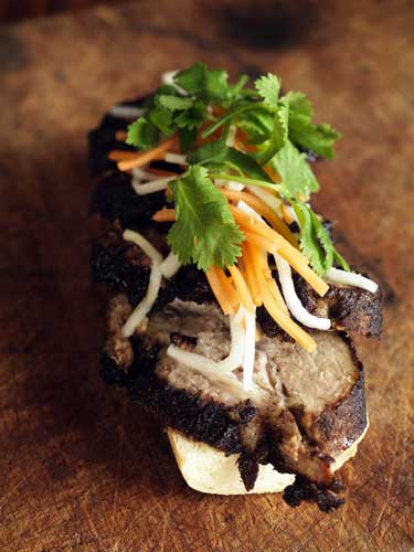 Scatter the sandwich with the pickled daikon and carrot and lay a few sprigs of coriander on top